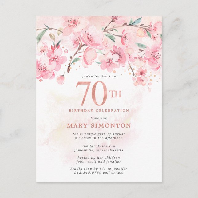 Postal De Invitación Rubor Pink Floral 70th Birthday Invitation Postcar (Anverso)