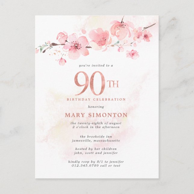 Postal De Invitación Rubor Pink Floral 90 cumpleaños (Anverso)