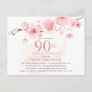 Postal De Invitación Rubor Pink Floral 90 cumpleaños