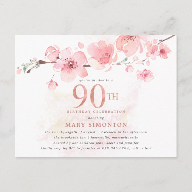 Postal De Invitación Rubor Pink Floral 90 cumpleaños (Anverso)