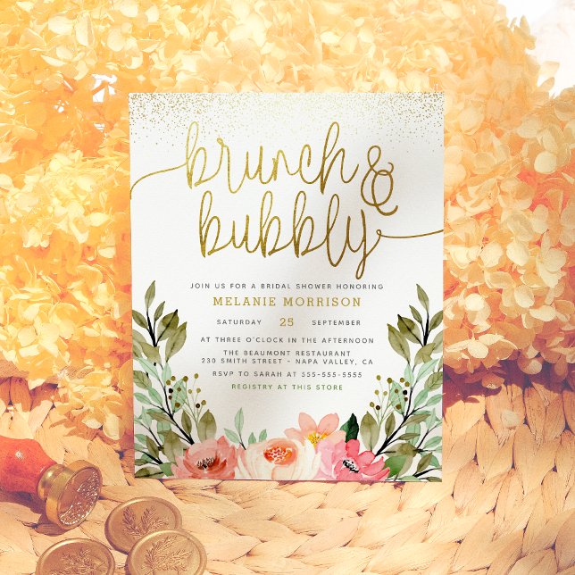 Postal De Invitación Rubor Pink & Gold Brunch & Bubbly Bridal Shower (Subido por el creador)