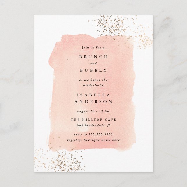 Postal De Invitación Rubor Pink Watercolor Brunch Bubbly Bribbly Shower (Anverso)