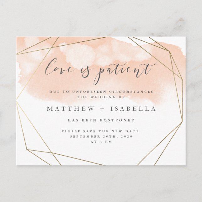 Postal De Invitación Rubor Rosa Acuarela Aplazamiento El Amor Es Pacien (Anverso)