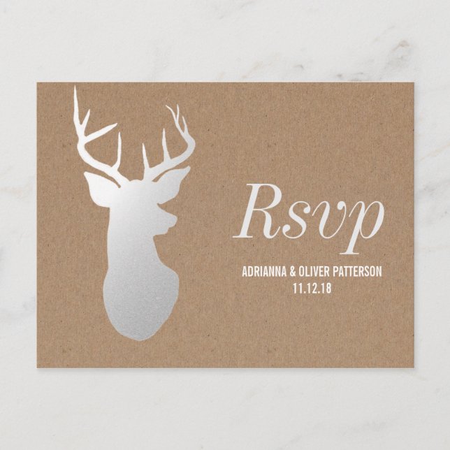 Postal De Invitación Ruido Kraft Papel plateado Antler Wedding RSVP (Anverso)