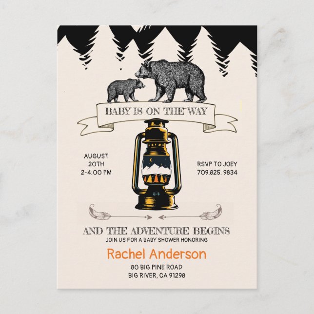 Postal De Invitación Rustic Baby Shower Woodland Wilderness Bears (Anverso)