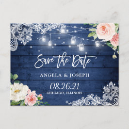 Postal De Invitación Rustic Blue Mason Jar Lights Wedding Save the Date