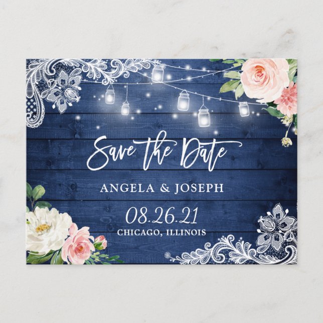 Postal De Invitación Rustic Blue Mason Jar Lights Wedding Save the Date (Anverso)