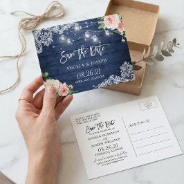 Postal De Invitación Rustic Blue Mason Jar Lights Wedding Save the Date