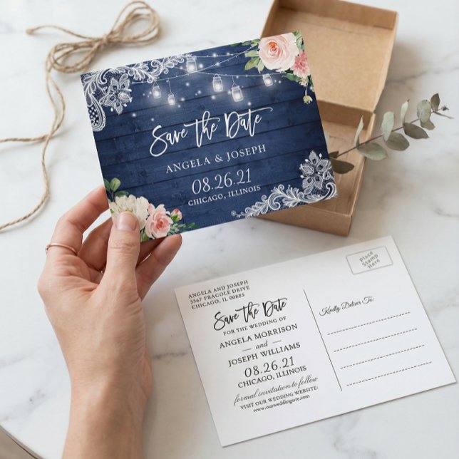 Postal De Invitación Rustic Blue Mason Jar Lights Wedding Save the Date (Subido por el creador)