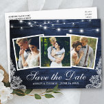 Postal De Invitación Rustic Blue Wood Lughts Lace 3 Photo Save The Date<br><div class="desc">Rustic Blue Wood String Lights and Lace 3 Photo Save the Date Engagement Invitación Postcard</div>