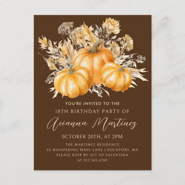 Postal De Invitación Rustic Boho Pumpkin Fall 18º cumpleaños (Anverso)