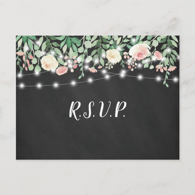 Postal De Invitación Rustic Chalkboard Rubor Floral Lights boda rsvp (Anverso)