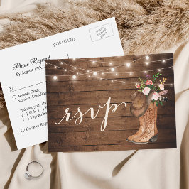Postal De Invitación Rustic Cowboy Boots Floral String Lights RSVP