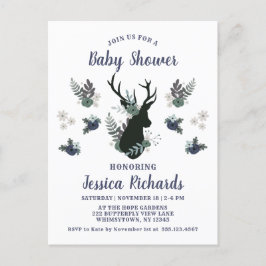 Postal De Invitación Rustic Deer Head Blue Floral Moderno Baby Shower