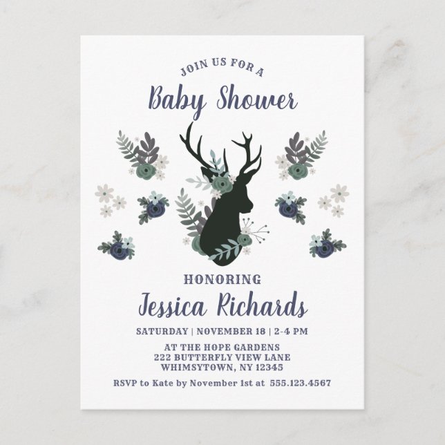 Postal De Invitación Rustic Deer Head Blue Floral Moderno Baby Shower (Anverso)