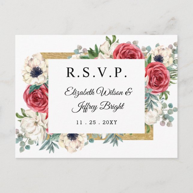 Postal De Invitación Rustic Elegant Red and Gold Floral Wedding RSVP (Anverso)