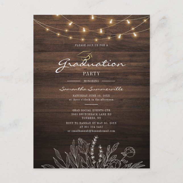 Postal De Invitación Rustic Graduation Party 2022 String Lights (Anverso)