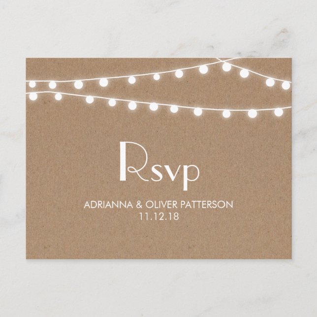 Postal De Invitación Rustic Kraft Paper String ilumina la boda RSVP (Anverso)