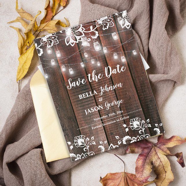Postal De Invitación Rustic Lace String Lights Wedding Save The Date (Rustic Wood String Lights Save the Date Invitation | Barn Wedding Lace Wood Save Our Date Card)