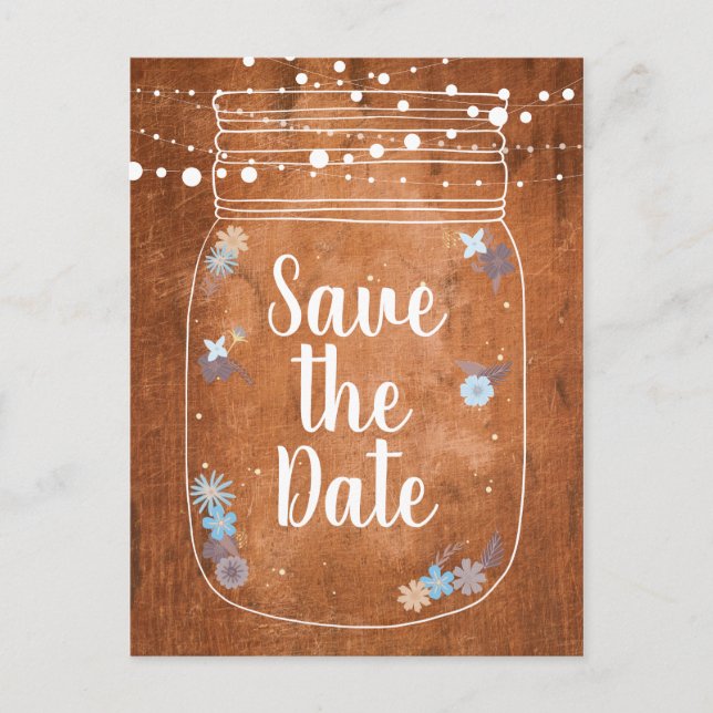 Postal De Invitación Rustic Mason Jar String Lights Save the Date (Anverso)