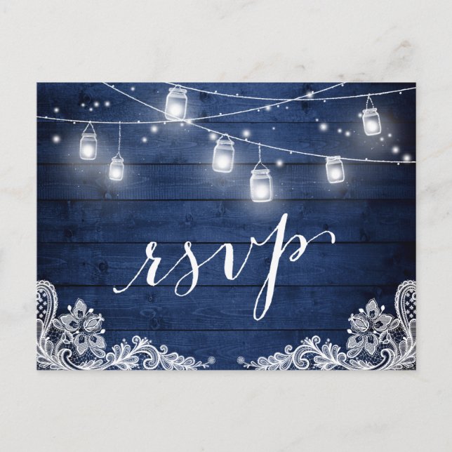 Postal De Invitación Rustic Midnight Blue Mason Jar Encendido Boda RSVP (Anverso)