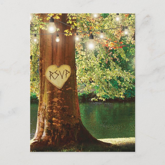 Postal De Invitación Rustic Mountain Lake Twinkle Lights Wedding RSVP (Anverso)