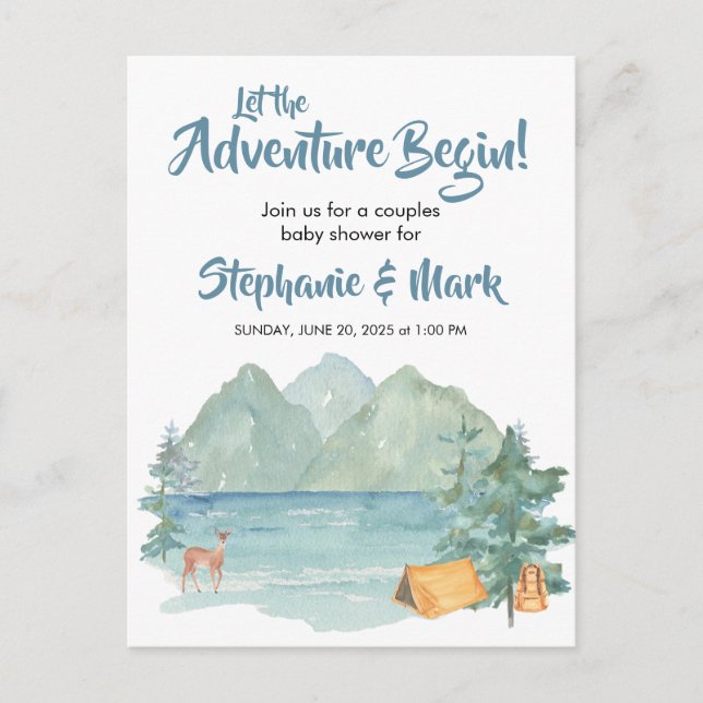 Postal De Invitación Rustic Mountains Watercolor Adventure Baby Shower (Anverso)