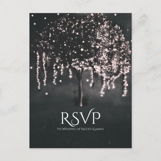 Postal De Invitación Rustic Night Mossy Tree iluminó a RSVP (Anverso)