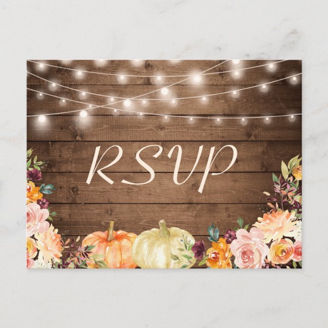 Postal De Invitación Rustic Otoño Floral String Lights Wedding RSVP (Anverso)