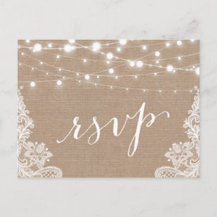 Postal De Invitación Rustic String Lights Burlap Lace Wedding RSVP