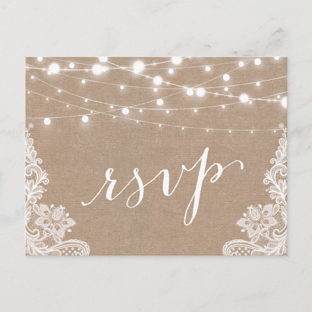 Postal De Invitación Rustic String Lights Burlap Lace Wedding RSVP (Anverso)