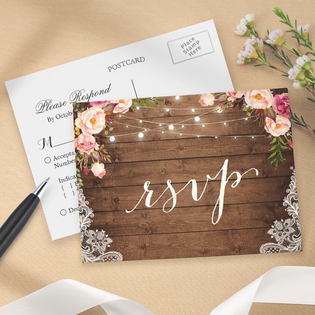 Postal De Invitación Rustic String Lights Lace Floral Farm Wedding RSVP (Subido por el creador)