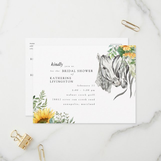 Postal De Invitación Rustic Sunflower Horses Nuzzling Bridal Shower (Anverso/Reverso In Situ)
