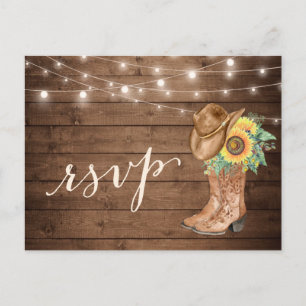 Postal De Invitación Rustic Sunflowers Boots String Lights RSVP