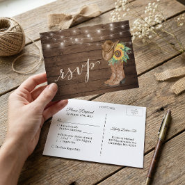 Postal De Invitación Rustic Sunflowers Boots String Lights RSVP