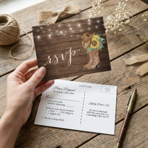 Postal De Invitación Rustic Sunflowers Boots String Lights RSVP