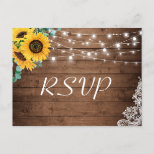 Postal De Invitación Rustic Sunflowers String Lights Lace Wedding RSVP