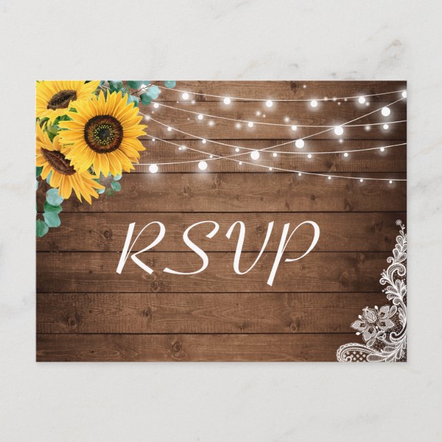 Postal De Invitación Rustic Sunflowers String Lights Lace Wedding RSVP (Anverso)