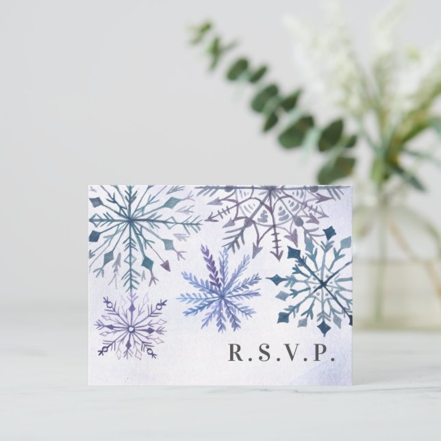 Postal De Invitación Rustic Watercolor Snowflakes Wind Wedding RSVP (Anverso de pie)
