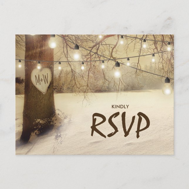 Postal De Invitación Rustic Winter Tree Twinkle Lights Wedding RSVP (Anverso)