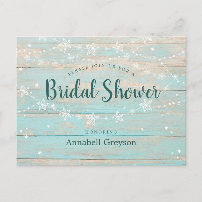 Postal De Invitación Rustic Wood Blue String Stars Bridal Shower (Anverso)