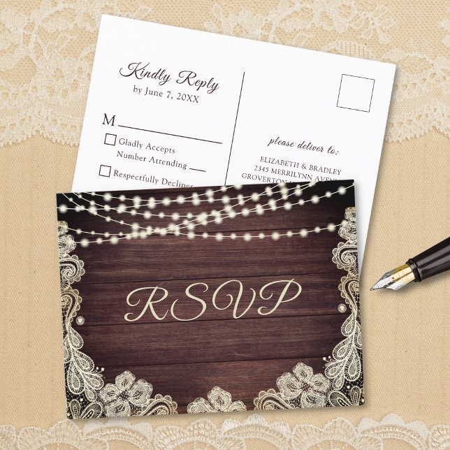 Postal De Invitación Rustic Wood Ivory Lace String Luces Wedding RSVP (Subido por el creador)