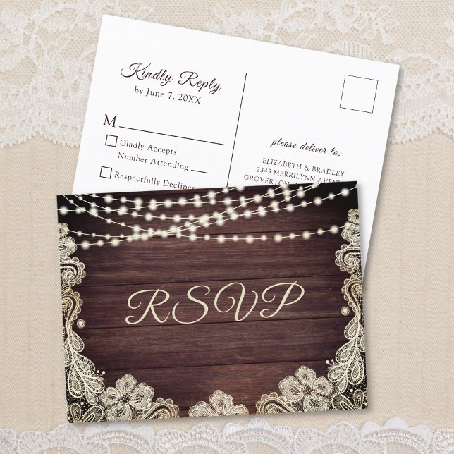 Postal De Invitación Rustic Wood Ivory Lace String Luces Wedding RSVP (Subido por el creador)