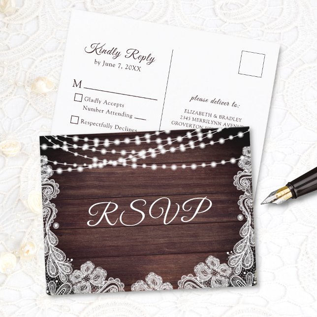 Postal De Invitación Rustic Wood Lace String Lights Wedding RSVP (Subido por el creador)