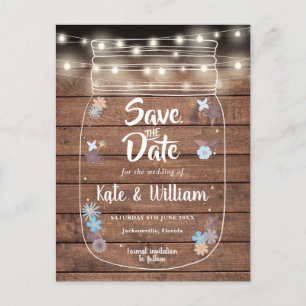 Postal De Invitación Rustic Wood Mason Jar String Lights Save the Date