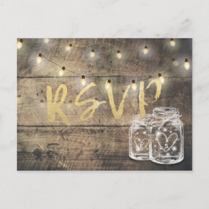 Postal De Invitación Rustic Wood & Mason Jar String Lights Wedding RSVP