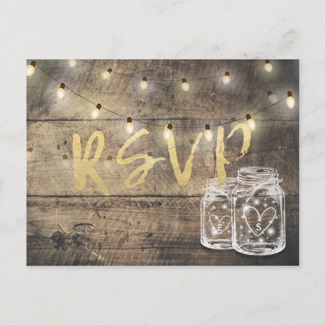 Postal De Invitación Rustic Wood & Mason Jar String Lights Wedding RSVP (Anverso)