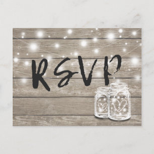 Postal De Invitación Rustic Wood & Mason Jar String Lights Wedding RSVP