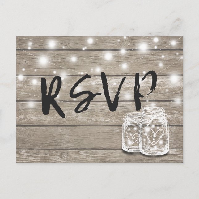 Postal De Invitación Rustic Wood & Mason Jar String Lights Wedding RSVP (Anverso)