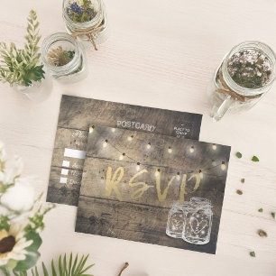 Postal De Invitación Rustic Wood & Mason Jar String Lights Wedding RSVP
